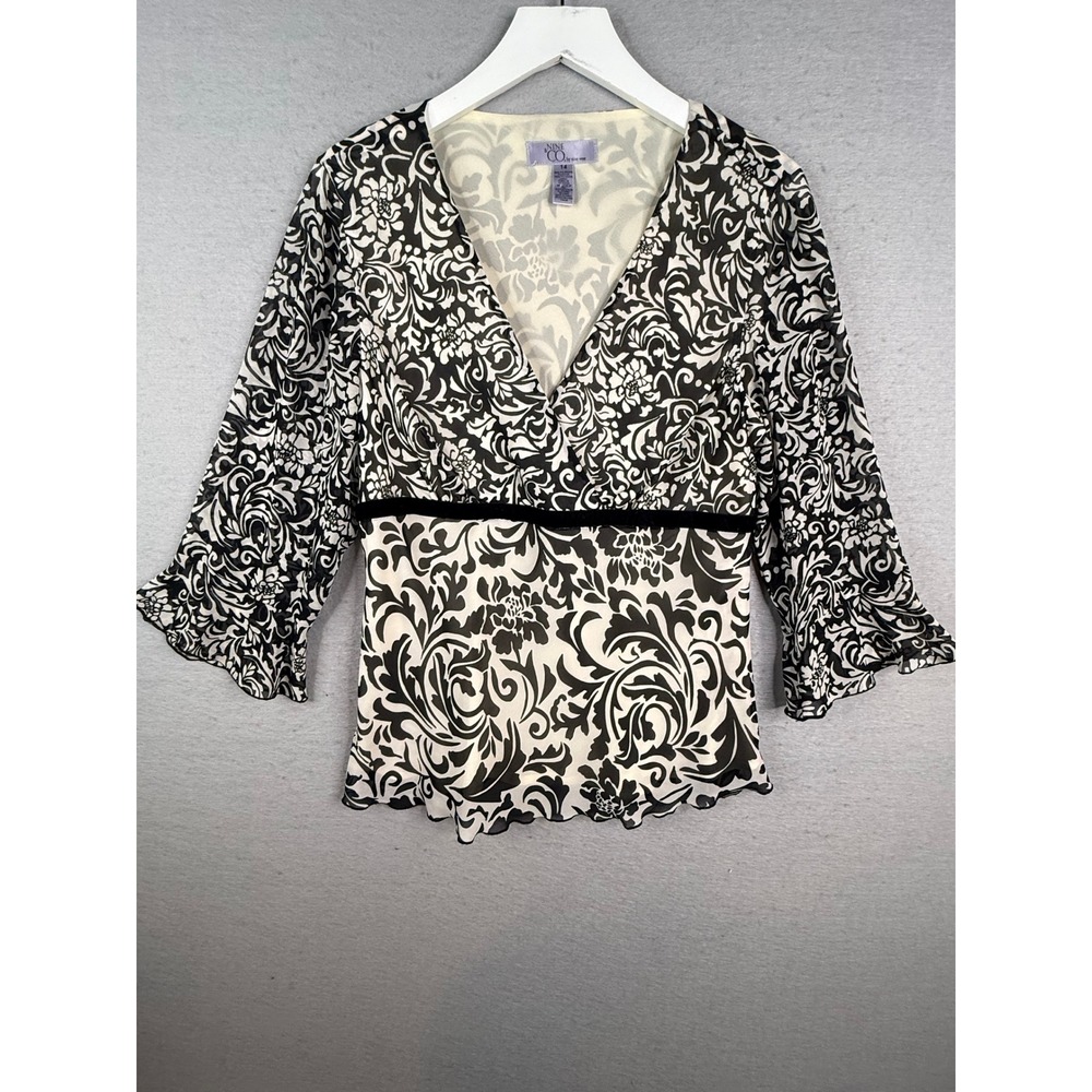 Nine & Co. Blouse Women L 14 Black Cream Damask‎ Velvet Trim Bell Sleeve Y2K Vtg